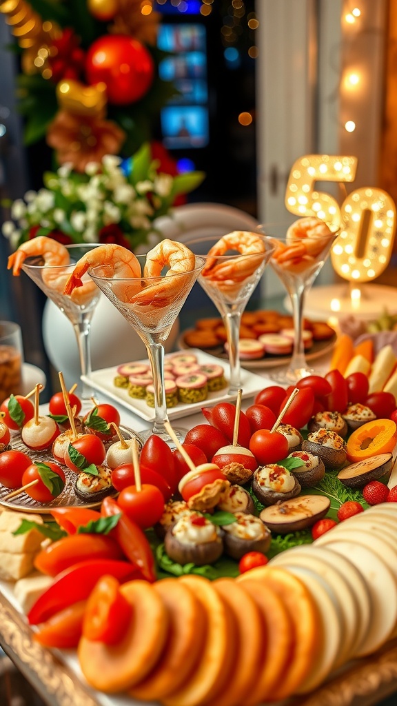 An elegant display of appetizers including shrimp cocktail, caprese skewers, stuffed mushrooms, and cheese platter set for a 50th birthday celebration.